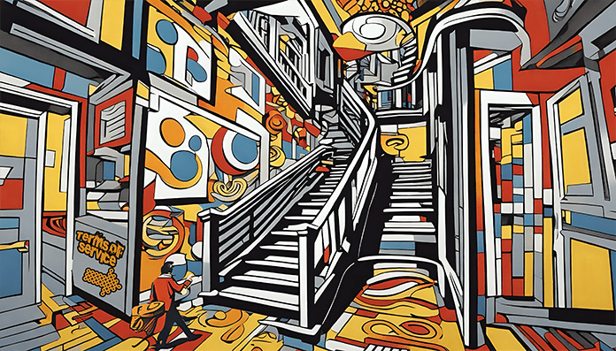 a painting of a staircase and a man walking
